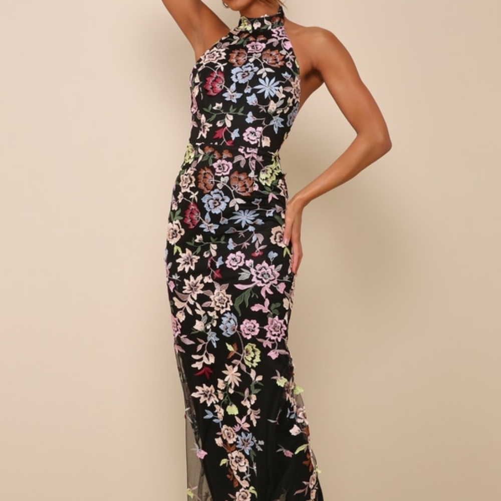 Lulus Infinite Praise Black 3d Floral Embroidered Halter Maxi Dress - Size S